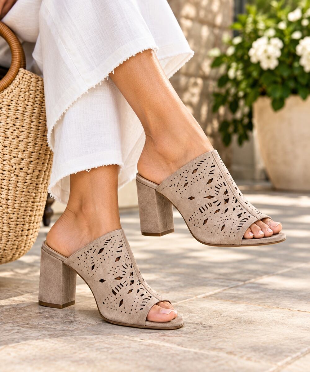Bella Vita Lark Block Heel Sandals Taupe Suede Laser Cut 12W Wide